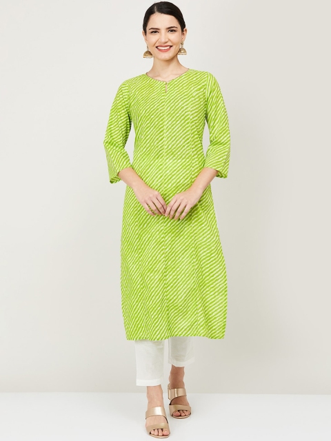 

Melange by Lifestyle Women Lime Green & Off-White Striped Kurta with Trousers