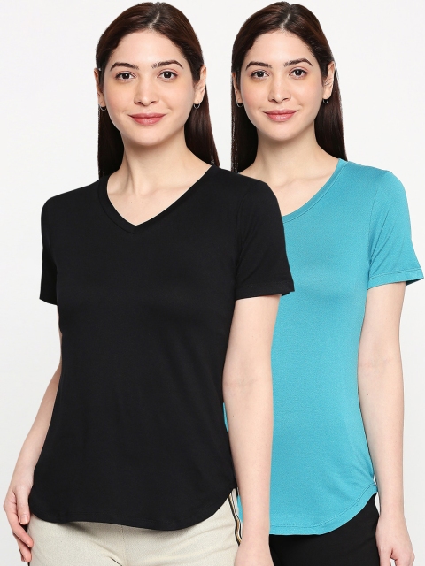 

inocenCia Women Pack of 2 Solid V-Neck T-shirts, Black