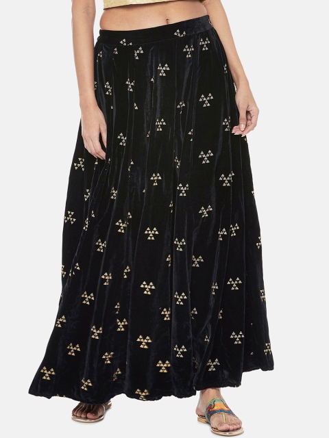 

Ethnicity Women Black & Gold-Coloured Printed Flared Maxi Skirt