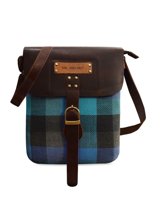 

DR. HENRY Unisex Brown & Blue Checked Leather Messenger Bag