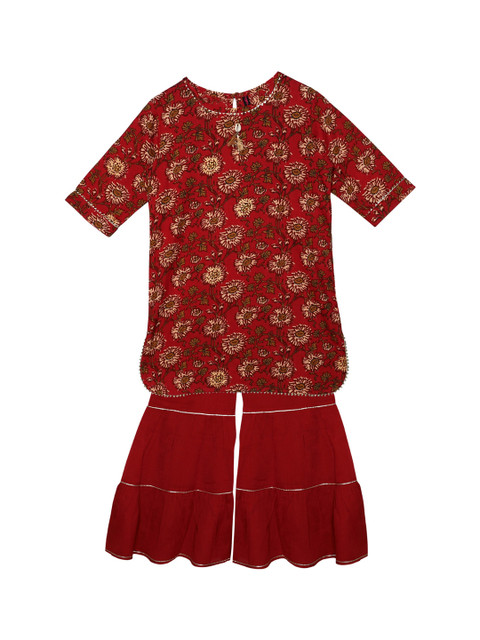 

Ishin DESIGNER STUDIO Girls Red Printed Kurti with Sharara