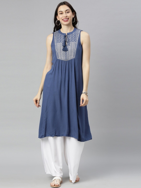 

Neerus Women Navy Blue Geometric Yoke Design Kurta