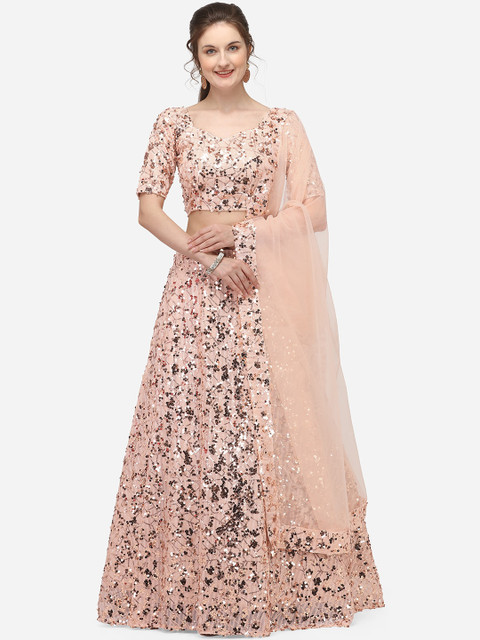 

JATRIQQ Peach-Coloured & Gold-Toned Embellished Semi-Stitched Lehenga & Unstitched Blouse with Dupatta