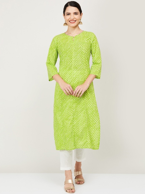 

Melange by Lifestyle Women Lime Green & Off-White Striped Cotton Kurta with Trousers