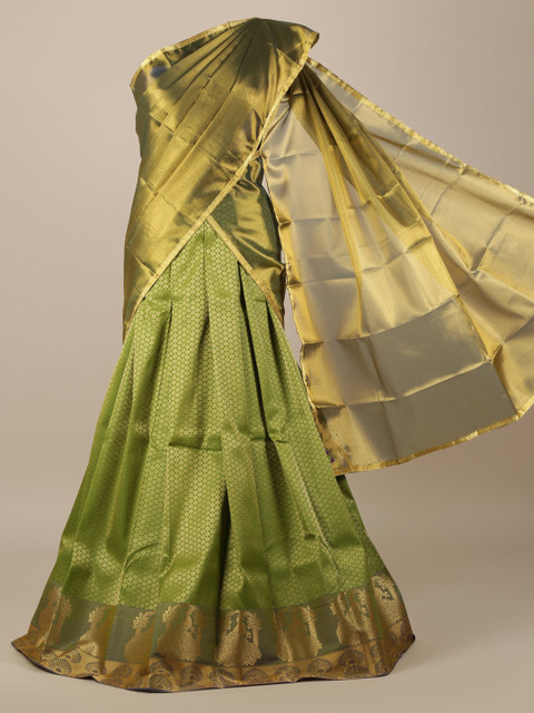 

Pothys Green & Gold-Toned Tissue Woven Design Traditional Half Saree