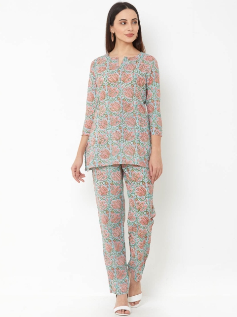 

FASHOR Women Blue & Pink Printed Kurti with Trousers