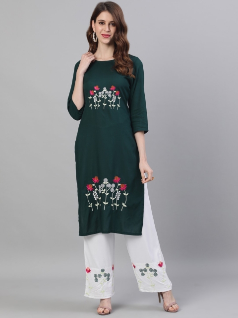 

Ishin Women Green & White Embroidered Kurta with Palazzos