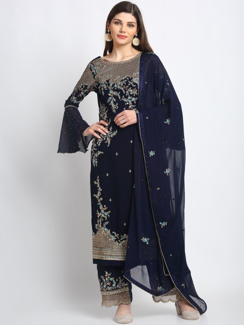 

Stylee LIFESTYLE Navy Blue & Gold-Toned Poly Georgette Semi-Stitched Dress Material