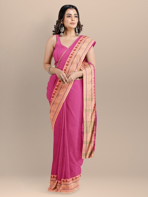 

BharatSthali Magenta Silk Cotton Solid Maheshwari Saree
