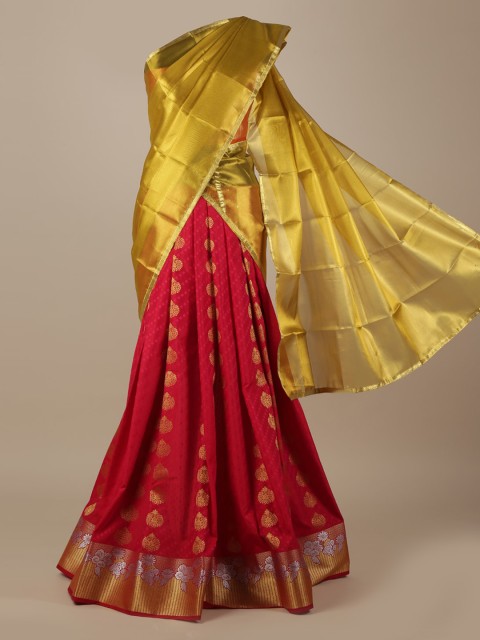 

Pothys Gold-Toned & Red Poly Chiffon Woven Design Traditional Half Saree