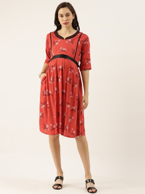 GOLDSTROMS Women Red & Black Floral Printed Maternity Fit and Flare Dress