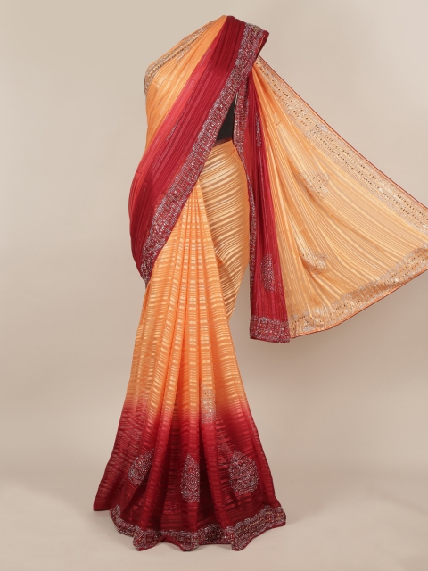 

Pothys Orange & Maroon Poly Chiffon Striped Saree