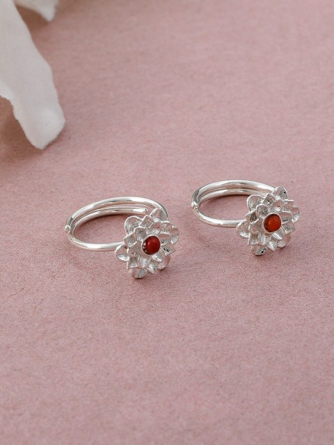 

Silvermerc Designs Set Of 2 Silver-Plated Red Quartz-Studded Handcrafted Adjustable Toe Rings