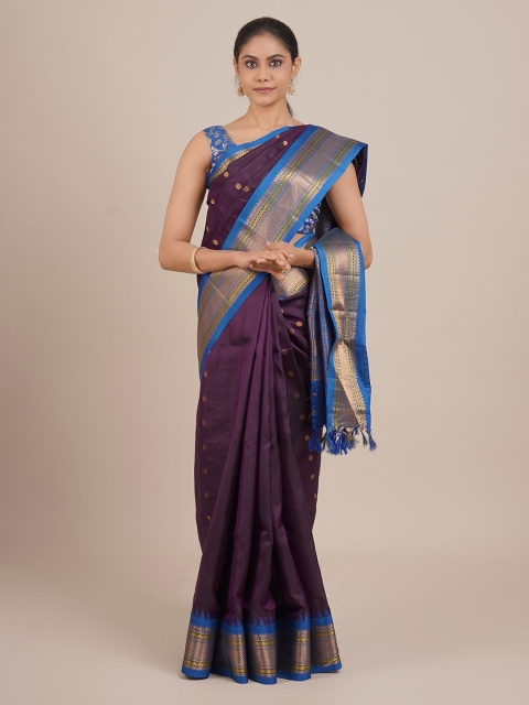 

Pothys Purple & Gold-Toned Pure Silk Woven Design Gadwal Saree