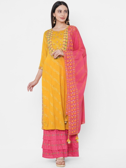 

FASHOR Women Mustard Embroidered Kurti with Palazzos & Dupatta