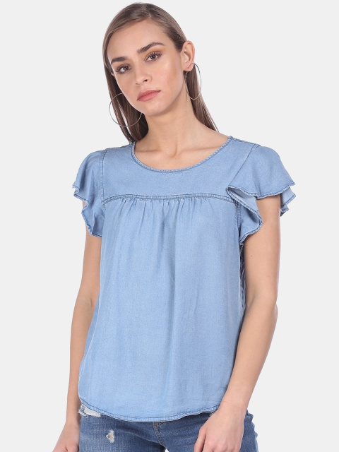 

GAP Women Blue Panelled Washed ChambrayTop