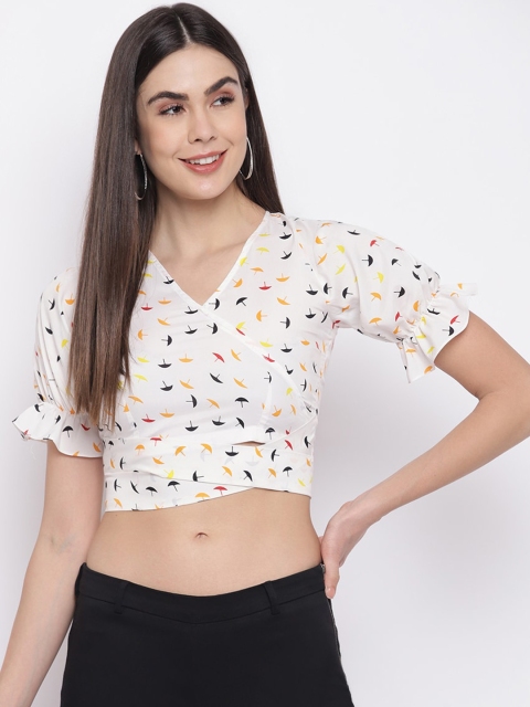 

Capybara White Printed Puff Sleeves Wrap Crop Top