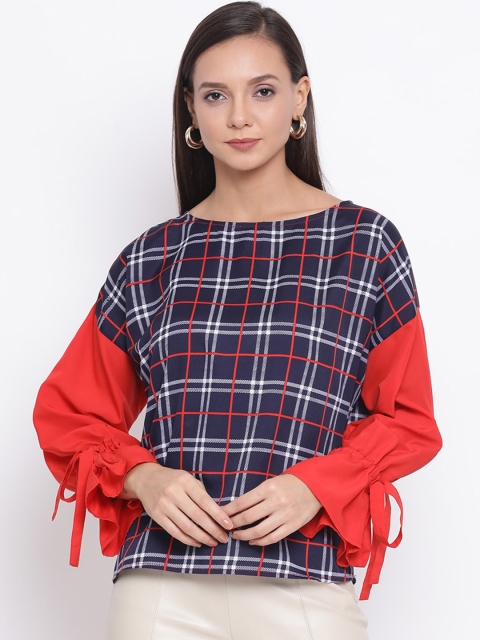 

ALL WAYS YOU Women Navy Blue & Red Checked Regular Top