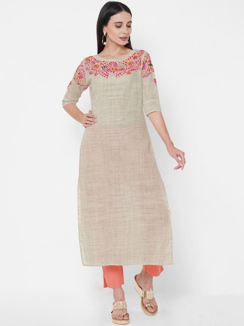 

FASHOR Women Beige Embroidered Thread Work Floral Kurta