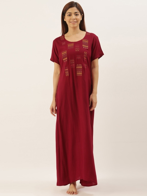 

Bannos Swagger Maroon & Mustard Embroidered Nightdress