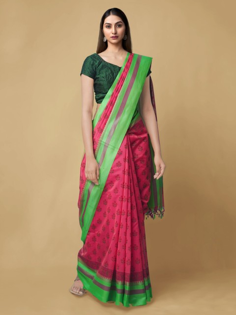

Unnati Silks Pink & Green Printed Chanderi Saree