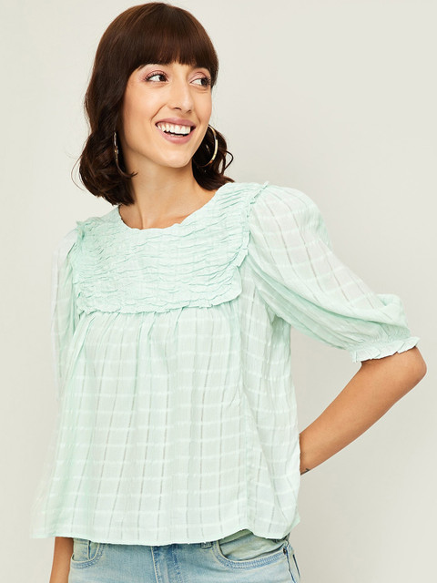 

Ginger by Lifestyle Women Green Checked Puff Sleeves A-Line Top