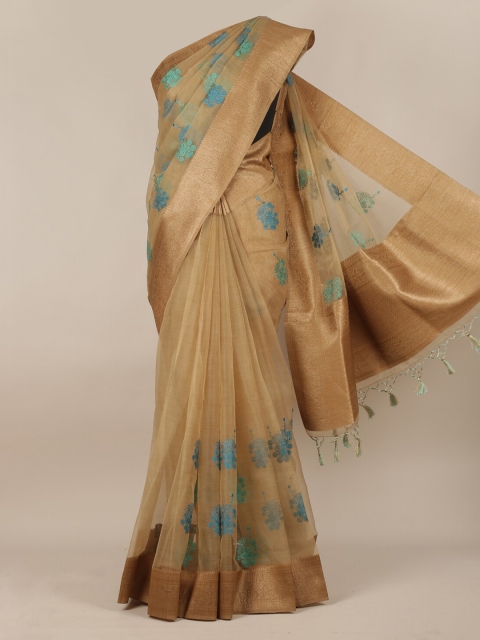 

Pothys Tan & Blue Embroidered Pure Silk Saree With Tasseled Pallu