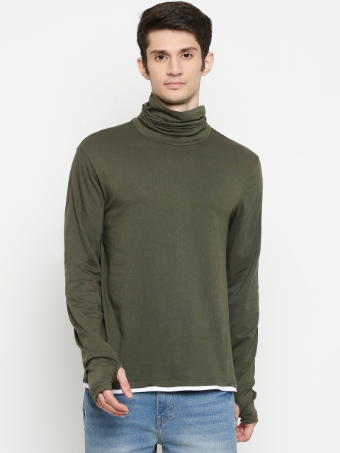 

People Men Olive Green Solid High Neck T-shirt
