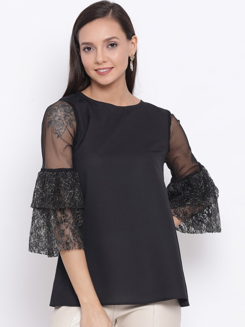 

ALL WAYS YOU Black Flutter Sleeves Crepe A-Line Top