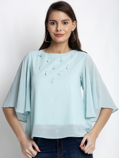 

Global Republic Blue Embellished Flared Sleeves Regular Top