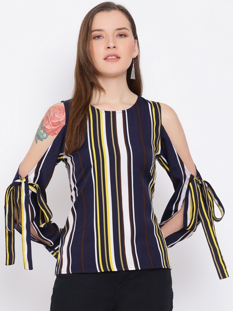 

ALL WAYS YOU Navy Blue & White Striped Cold-Shoulder Sleeves Crepe Regular Top