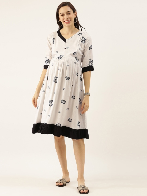 

GOLDSTROMS Women Off-White Printed Maternity Fit and Flare Dress