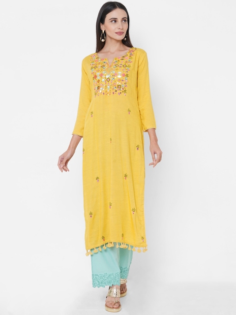 

FASHOR Women Mustard Yellow Ethnic Motifs Embroidered Kurta