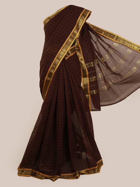

Pothys Brown & Gold-Toned Pure Cotton Checked Saree