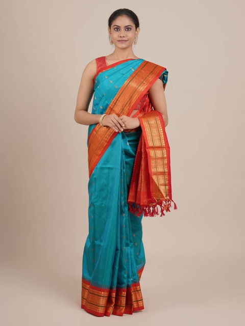 

Pothys Blue & Orange Pure Silk Woven Design Gadwal Saree