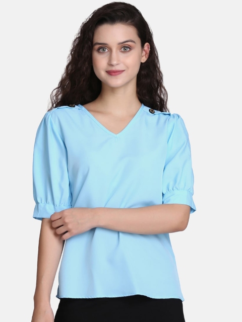 

Clothzy Blue Puff Sleeves Regular Top