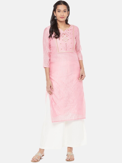 

Ethnicity Women Pink & Yellow Floral Embroidered Chanderi Silk Kurta