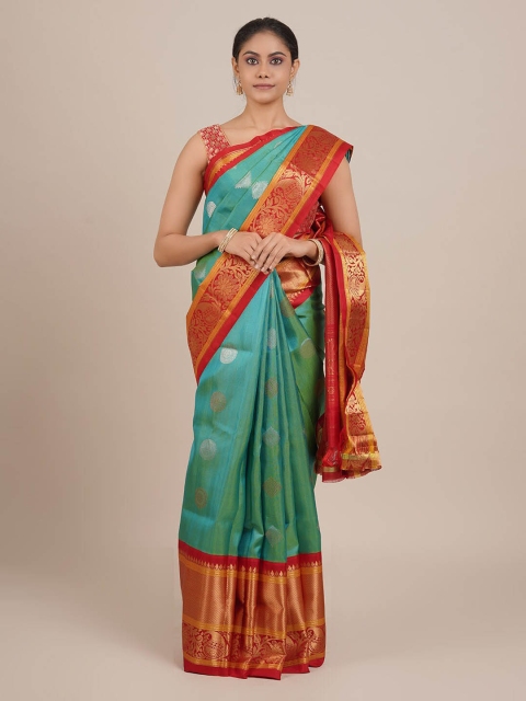 

Pothys Green & Orange Pure Silk Woven Design Gadwal Saree