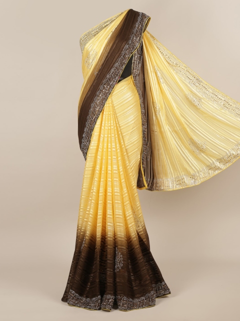 

Pothys Yellow Striped Poly Chiffon Saree