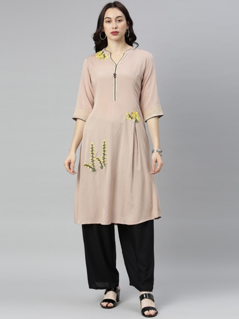 

Neerus Women Beige Floral Embroidered A-Line Kurta