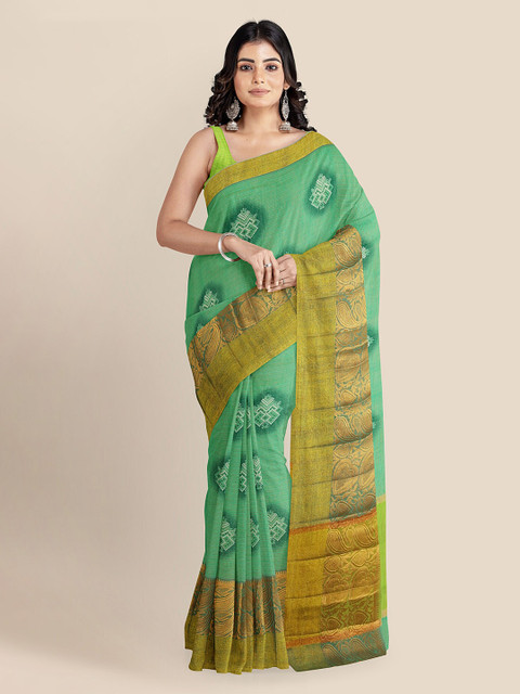 

KLM Fashion Mall Sea Green Silk Cotton Printed Banarasi Saree