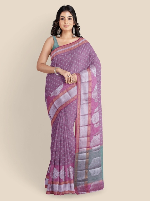 

KLM Fashion Mall Mauve & Silver-Toned Silk Cotton Printed Banarasi Saree