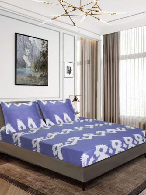 Aura Blue & White Ethnic Motifs 160 TC Polyester 1 Queen Bedsheet with 2 Pillow Covers
