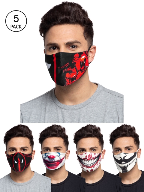 

TREEMODA Men Pack Of 5 Printed 3-Ply Reusable Cloth Masks, Black