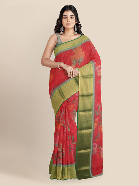 

KLM Fashion Mall Red & Green Silk Blend Printed Banarasi Handloom Saree
