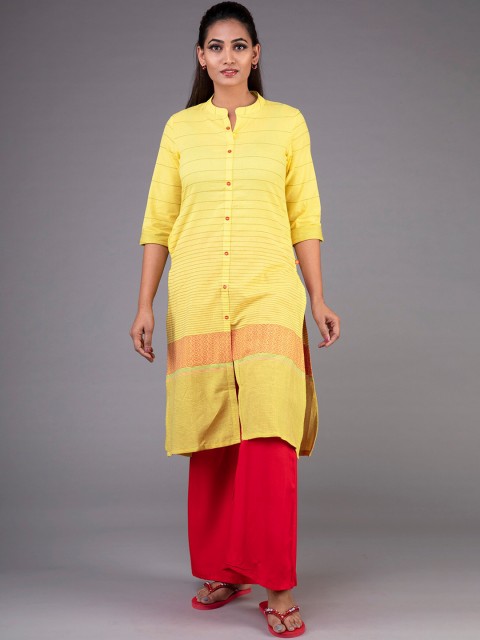 

KLM Fashion Mall Women Yellow & Red Striped Mandarin Collar Kurta