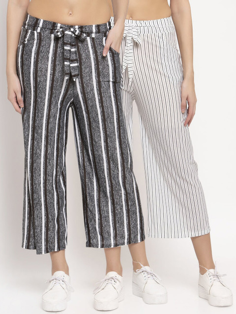 

KLOTTHE Women Pack of 2 Striped Wide Leg Palazzos, Grey