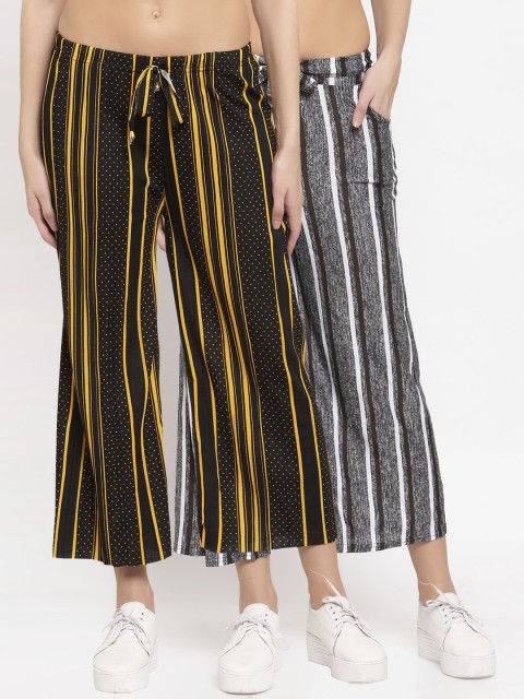 

KLOTTHE Women Pack of 2 Black & Grey Striped Wide Leg Palazzos