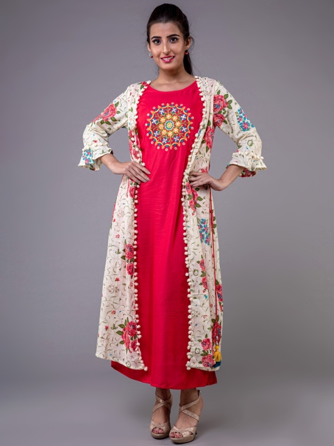 

KLM Fashion Mall Women Cream-Coloured Embroidered Ethnic Layered Maxi Dress