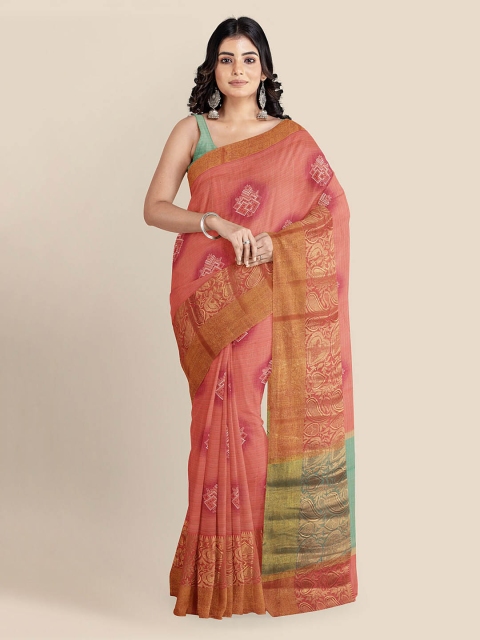 

KLM Fashion Mall Coral Silk Cotton Printed Banarasi Saree